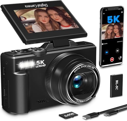 5K Digitalkamera 75MP Kamera – Kompaktkamera für Fotografie & Vlogging mit WLAN, 64GB Karte, 18X Digitalzoom, 3,0" LCD 180° Selfie Klappdisplay, Reise Kamera für YouTube Anfänger Erwachsene (Schwarz)