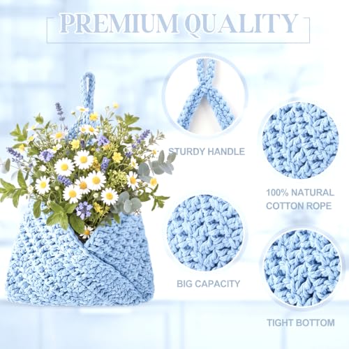 Image of Honeydak 3 Hanging Baskets, Light Blue, Triangle, Cotton Rope