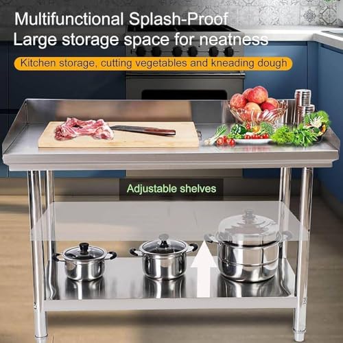 Tavolo da Lavoro Professionale in Acciaio Inox con Portata di 300 kg, banco da Lavoro Robusto con alzatina e ripiano Inferiore Regolabile per cucine, ristoranti e Servizi di Catering.