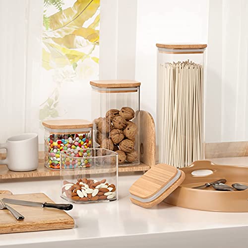 Yuncang Glass Storage Jars [Set Of 5],Clear Glass Food Storage Containers With Airtight Bamboo Lid Stackable Kitchen Canisters For Candy,Cookie,Rice,Sugar,Flour,Pasta,Nuts And Spice Jars(Square) #TOP4