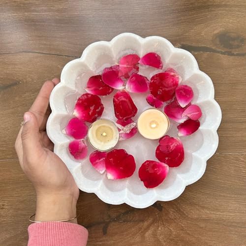 Image of Marble Urli Bowl for Decoration | Big Potpourri Decorative Bowls in Home decor | Large White Floating Flower Plates of Stone | Small Shape puja Item (9 inch, Daisy Burst)