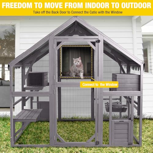 Image of Catio Outdoor Cat Enclosure Large Cat Houses for 5-6 Cats,Kitty House with Resting Box,Bridges,Walks,Waterproof Tarp Roof, 69.8 inch L x 55.1 inch W x 69.8 inch H