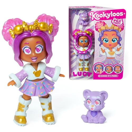 KOOKYLOOS Serie Pet Party LUCY- Muñeca coleccionable Lucy con un oso de mascota. Incluye la muñeca Kookyloos Lucy, 1 mascota, ropa y zapatos de moda y 1 accesorio. ¡1 muñeca, 3 caras diferentes!