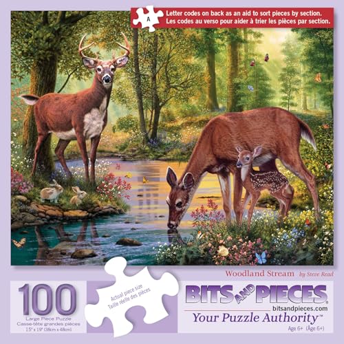 Rompecabezas Jigsaw Bits and Pieces 'Woodland Stream' de Steve Read — 200 piezas, 18" × 24", arte natural con ciervos y arroyo, corte aleatorio
