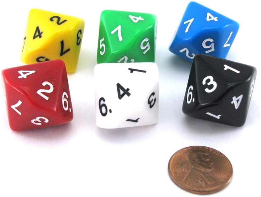 Assorted Color Dice D14 with Colored Numbers 1-7 Twice 20mm Pack of 6 Koplow Games