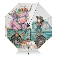 RPLIFE Beautiful Pink Blue Highland Cow Umbrella, Lightweight Durable Auto Open Close for Women, Travel Umbrellas for Rain and Sun