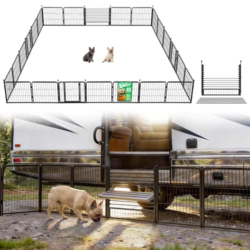 Image of FXW Instant Dog Playpen with RV Step Grid for RV Camping, 24 inch H, 24 Panels | Quick-Setup & Heavy-Duty Play Yard, Helps Close Stair Gaps, Fits 26 inch RV Step Opening, For Puppies & Small Dogs, Patented