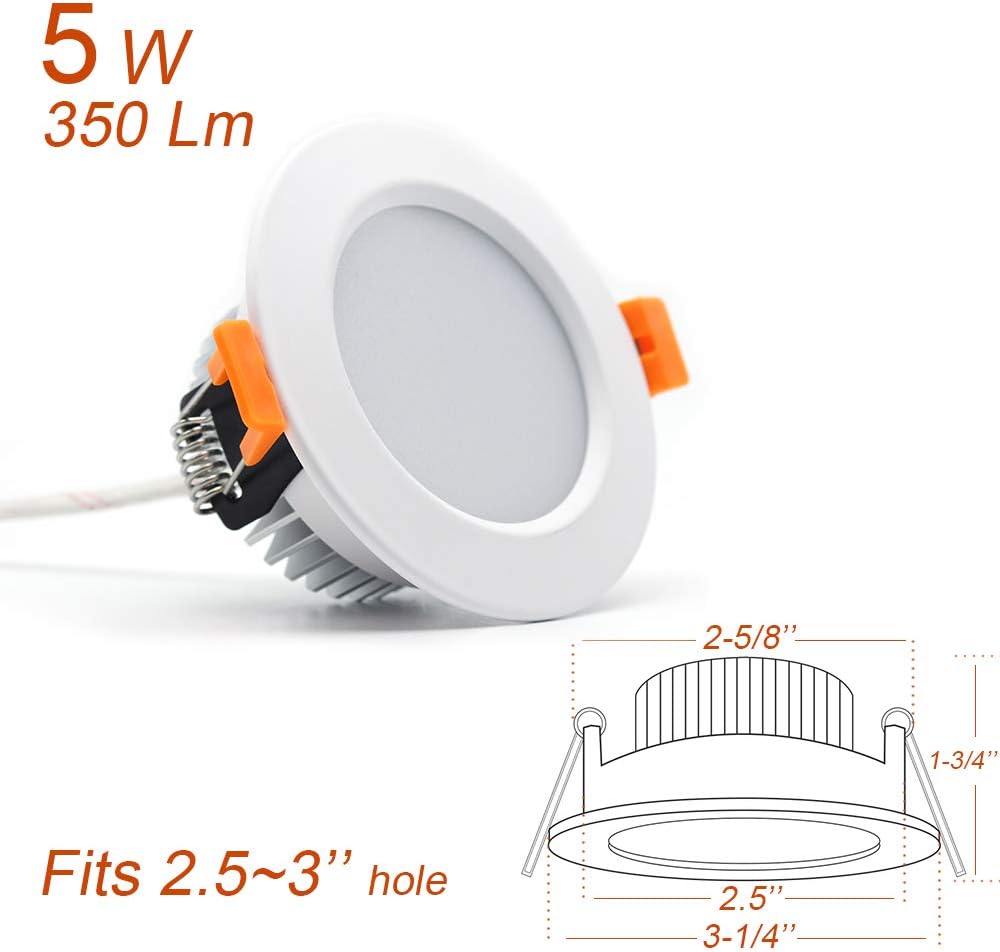 2.5 inch Dimmable LED Recessed Lighting, 5W Retrofit Downlight, 6000K Daylight White, CRI 80 with LED Driver, as AC 110V Ceiling Light Fixture for Living Room, Kitchen, Bedroom, Hallway, 10 Pack