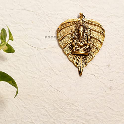 Image of ascension Ganpati Metal Green Lord Leaf Ganesh Idol Patta Statue Decorative Wall Hanging Showpiece Figurine (Golden) (Small)
