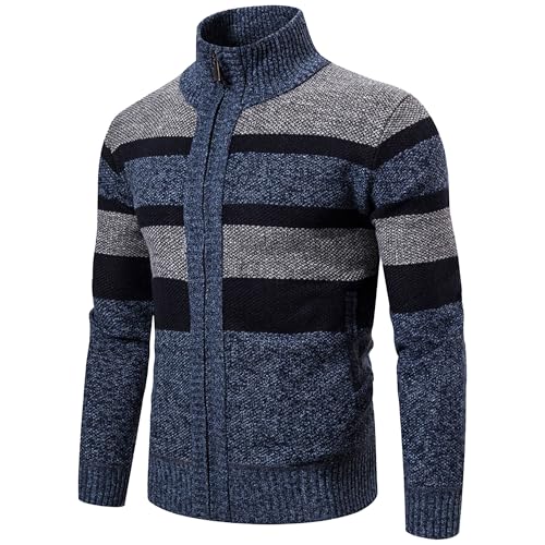 Men's Full Zip Striped Sweater Knit Stand Collar Zipper Long Sleeve Cardigan Tall Big Casual Knitwear Pockets Cardigans (Blue,Medium)
