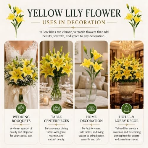 Image of CURATED CART 2 Pcs Lily Artificial Flowers Bunch for Home Decoration - Big Lilys Bouquet for Home Decor - Real Touch Faux Latex Long Stem - Includes 6 Lily Flowers and 10 Half Bloom Buds-Yellow Colour