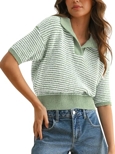 Womens Striped Cropped Sweater Short Puff Sleeve Fall Sweaters V Neck Tops Knit Casual Pullover Shirts Outfits