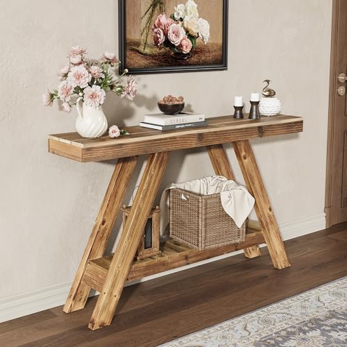 SMARTSTANDARD 46-Inch Solid Wood Console Table, Narrow Long Sofa Table with 2 Tiers, Entryway Table for Hallway, Living Room, Foyer, Bedroom, Easy to Assemble, Natural Brown