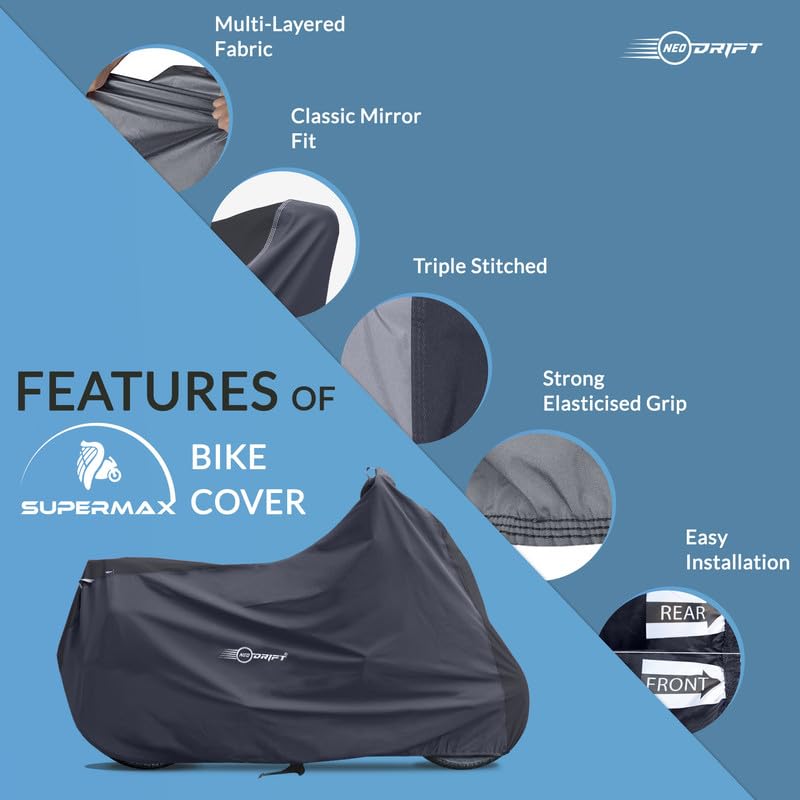 Image of Neodrift 'SuperMax' Bike Cover Suitable for Indian Chieftain (All-Weather Motorcycle Protection, Water & UV Resistant, Windproof) (Colour: Black - Dark Grey)