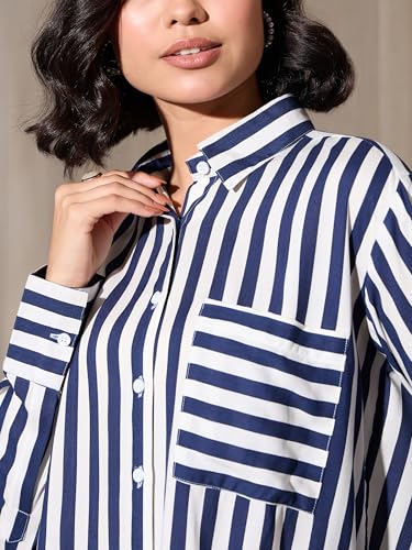 Image of barcino Pink Multi Stripes Pocket Detail Oversized Shirt