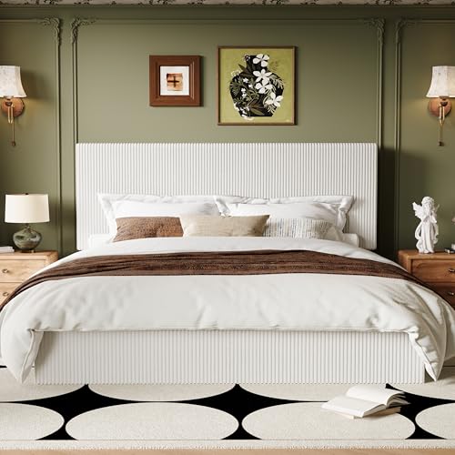 Image of Allewie King Bed Frame, Adjustable Corduroy Headboard, Platform, White | Adjustable Headboard, Corduroy Fabric, Low Profile, Wooden Slats, 1000 lb Capacity, No Box Spring Needed