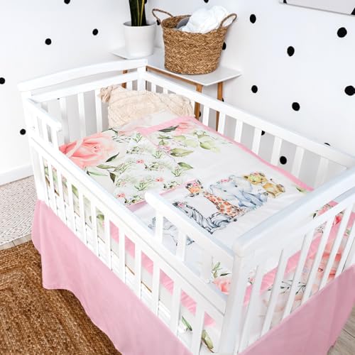 Image of Hahafelt 3 Pcs Baby Crib Bedding Set Safari Animals Dinosaurs Bear Woodland Animals Jungle Crib Set Includes Quilt, Fitted Sheet, Skirt for Baby Boy Girl(Pink,Safari)