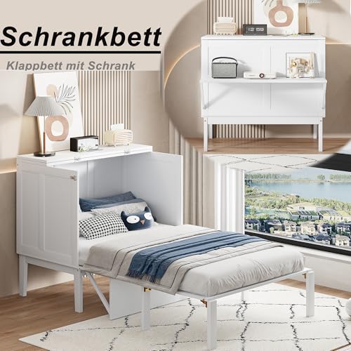 XPSSJMU Wandbett 90x200 cm, Wandbett mit Lattenrost, wandmontiertes Klappbett, vertikales Wandbett mit Lattenrost, weiß – Bild 5
