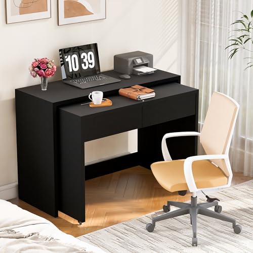 BENMWS Escritorio de estantería extensible, plegable, 110 x 40 x 78 cm, negro, con ruedas, de madera de 1,8 cm de grosor, combinable, cómoda 2 en 1
