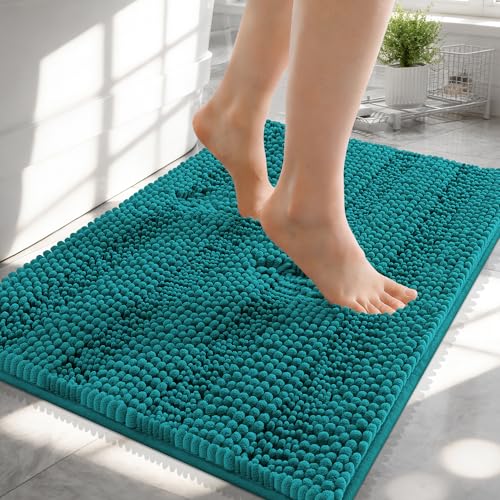 Image of OLANLY Thick Small Bathroom Rugs 24x16, Extra Absorbent Chenille Striped Bath Rugs, Rubber Backing, Machine Wash, Bath Mats for Bathroom Floor, Tub and Shower, Home Decor Accessories, Deep Lake
