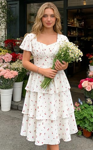 Image of Belle Poque Women's Vintage Square Neck Dress 2026 Summer Short Sleeve Layered Tiered Ruffle A-line Swing Midi Dress