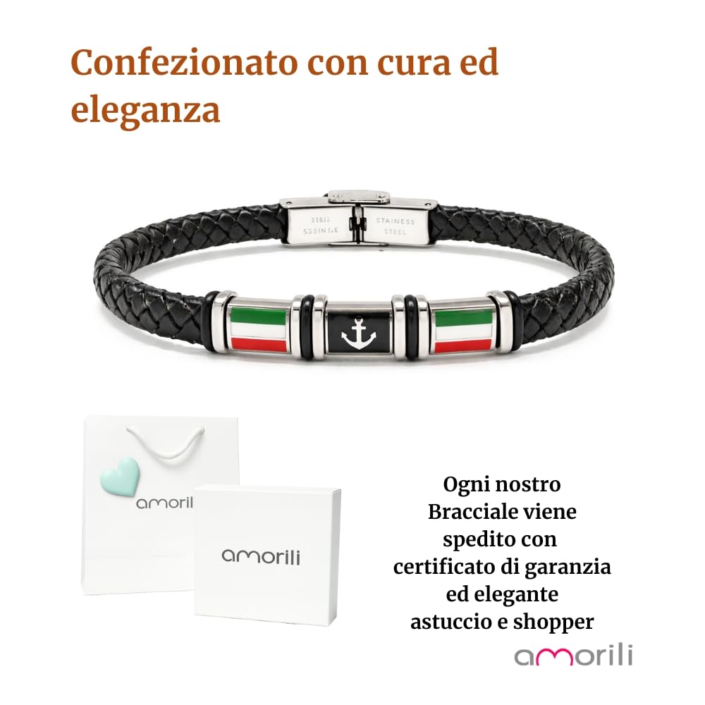 Bracciale Ancora Uomo con Bandiera Italiana in Acciaio Inox e Pelle Intrecciata – Gioiello Maschile Stile Nautico – Accessorio Resistente – Idea Regalo Uomo