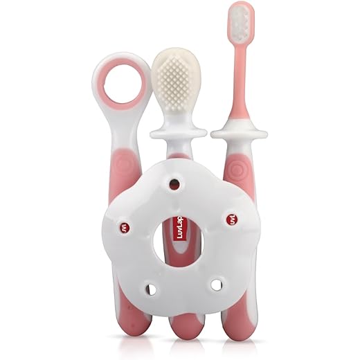 LuvLap Baby Training Toothbrush Set with Anti Choking Shield, Teeth & Tongue Cleaner, Baby Oral Hygiene, 3 pcs, (White/Pink).