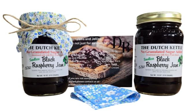 The Dutch Kettle Amish Homestyle Black Raspberry Seedless No Sugar Added Jam 2-19 Oz Jars with Added Craft Jar Toppers