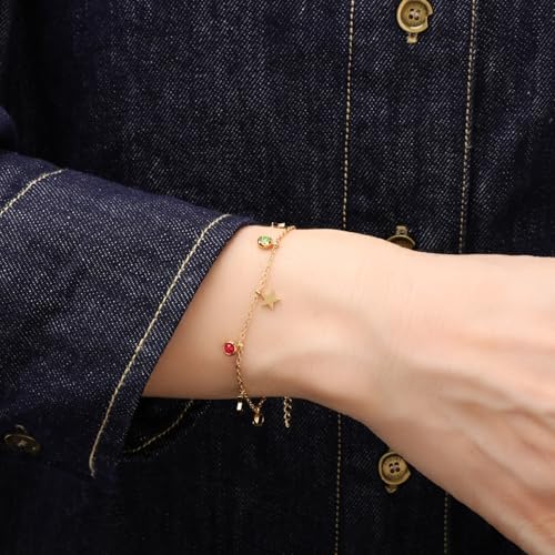 Image of 18K Gold Plated Stainless Steel Dainty Charms Colorful Crystal Birthstone Bracelet Minimalist Cute Jewelry for Women