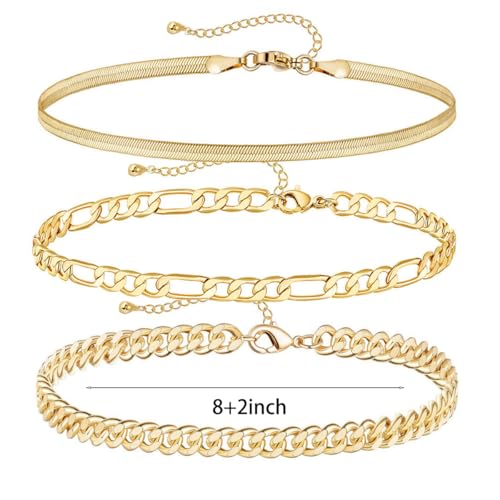 Image of 14K Gold Anklets for Women Waterproof Rhinestone Ankle Bracelet Layered Cuban Link Chain Diamond Anklet Beach Jewelry for Women (GOLD- Anklets-Style-C)