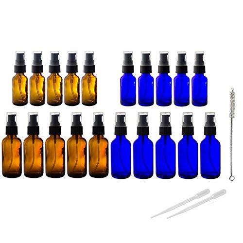 Amber & Cobalt Blue Glass Bottles Treatment Pump 20 PCS Set Kit- Includes 5-1 oz Amber Bottle, 5-2 oz Amber Bottle, 5-1 oz Cobalt Blue Bottles, 5-2 oz Cobalt Blue Bottles + 2 Pipettes,1 bottle brush