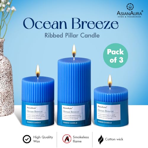 Image of ASIAN AURA Ribbed Pillar Candles - Pack of 3 | Scented Candles for Home Decor, Gifting & Festive Use | Long Burn time up to 36hrs | Clean-Burning Wax & Smokeless Flame (Ocean Breeze)