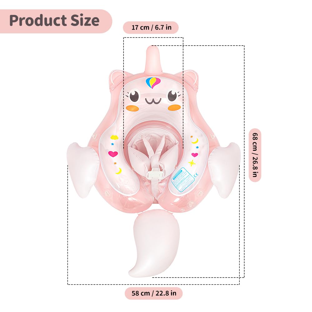 Baby Schwimmring mit Sonnendach Entfernbar, Schwimmring Baby mit Verstellbarer Sicherheitssitz, Kippsicherheit, Schwimmhilfe Baby mit Luftpumpe für 12-36 Monate, Rosa Einhorn