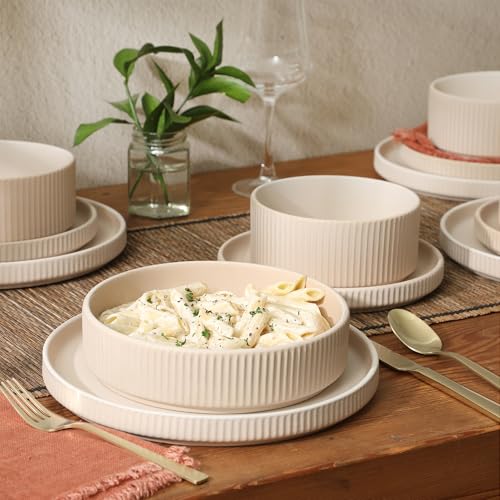 Image of Gibson Elite Deerfield 16-Piece Stoneware Dinnerware Set - Cream White Reactive Glaze Plates and Bowls, Stackable Design, Service for 4 - Dishwasher & Microwave Safe