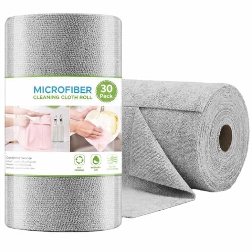 Image of Microfiber Cleaning Cloth Roll, Reusable Kitchen Towel Roll, Micro Fiber Cleaning Cloth for Kitchen, Car, Home & Daily Surface Cleaning, Easy-to-Use Roll Format, Pink (Grey Cloth 30 Pcs)