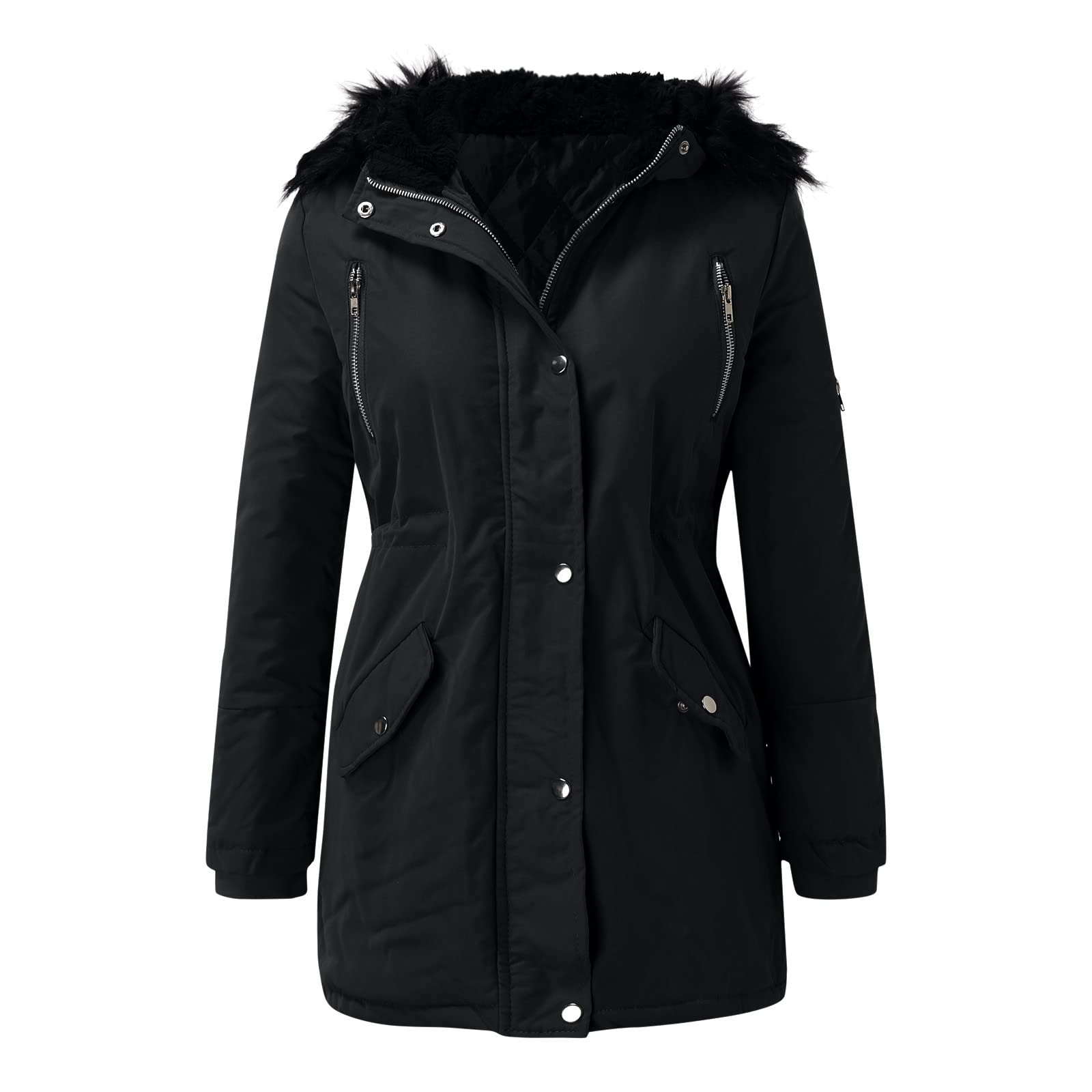 Manteau d'hiver épais pour femme avec fourrure - Couleur unie - Parka d'hiver avec capuche - Coupe-vent avec poches - Longueur moyenne - Veste d'hiver douce - Coupe-vent