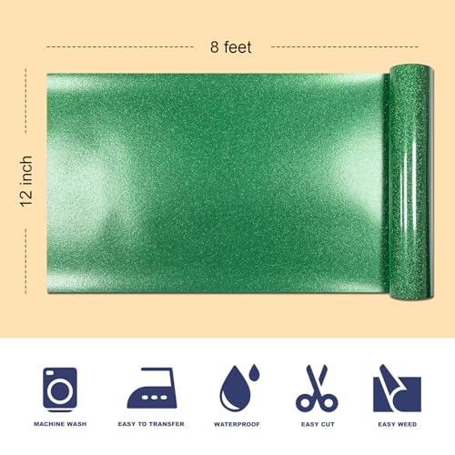 Image of Glitter Iron On 12in X 8ft (Green), HTV Heat Transfer Vinyl | Glitter HTV Easy to Cut & Weed, Glitter All Cutter Machine for Heat Vinyl Design, Glitter Iron on Vinyl for Cricut Machine