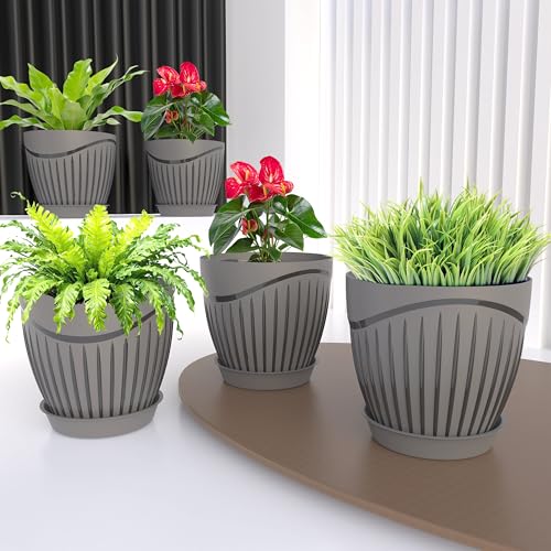 Image of ELUVIA Plastic Plant Pots with Drainage Holes and Trays - Set of 5 (6 Inch) - Minimalist Decorative Indoor Flower Pots for Living Room, Balcony & Office Garden (Grey)