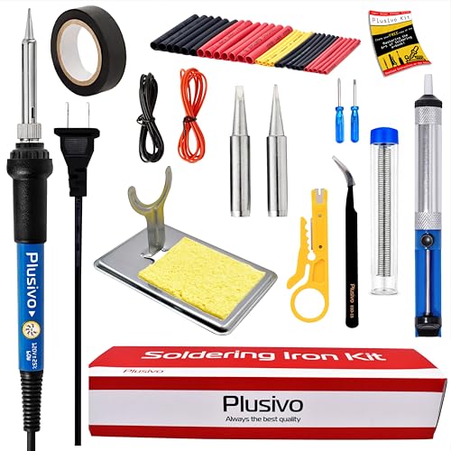 Image of Soldering Iron Kit Electronics, Soldering Iron 60W Adjustable Temperature, Solder Wire, Wire Stripper, Desoldering Pump, Tweezers, Solder Tips, Mini Stand, Screwdrivers, Heatshrink Tubes from Plusivo