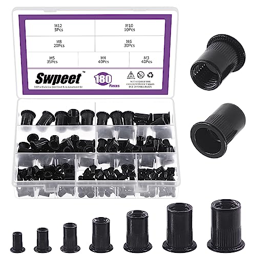 Swpeet 180 piezas 7 tamaños Kit de tuercas de remache métricas, M3 M4 M5 M6 M8 M10 M12 tuerca de remache, Kit de insertos de tuerca de remache métrica galvanizada en negro de acero al carbono, surtido