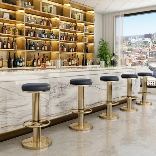Image of Gold Bar Stools Set of 2, Adjustable Swivel Backless Counter Stool | 360 Swivel, 25.6 inch-29.5 inch Adjustable, Leather Thick Cushion, Stainless Steel Frame, 350 lbs Capacity, Gold