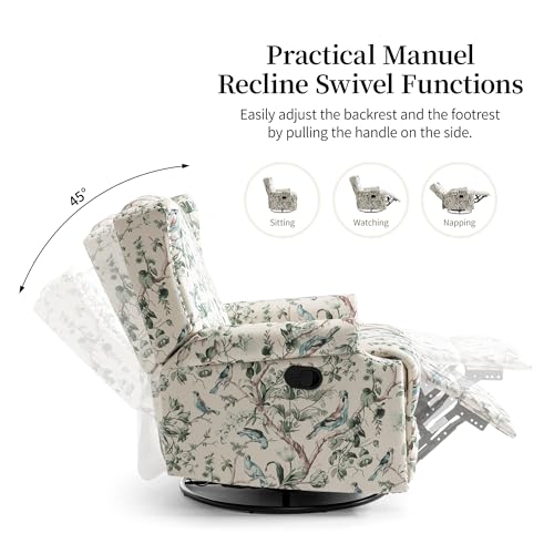 Image of Swivel Rocker Recliner Chairs Set of 2, 360 Swivel Wingback Recliner Chairs for Adults, Upholstered Printed Fabric Glider Rocking Chair with High Back, Deep Seat for Living Romm Bedroom, Bird