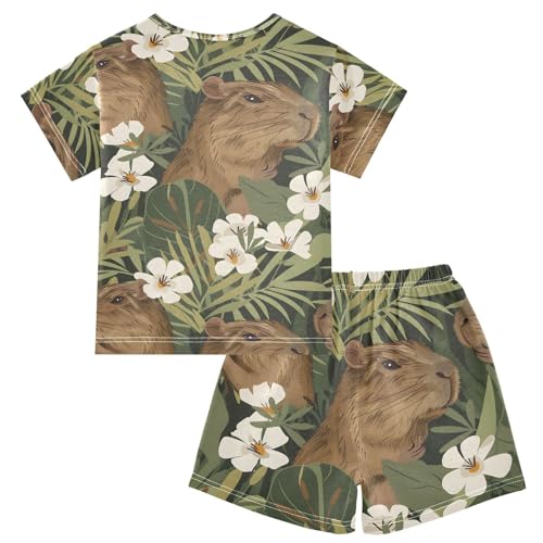 ALAZA Capybara Flower Leaf Blossom Pajamas Short Sleeve 2 Piece Sleepwear Top and Bottom Pajama Set Unisex2