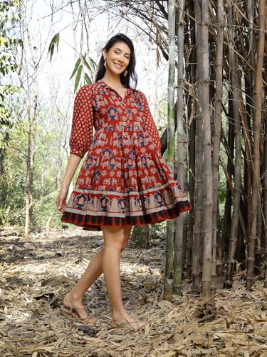 Image of Stylum Women's Rust Ethnic Printed Cotton Flared Dress