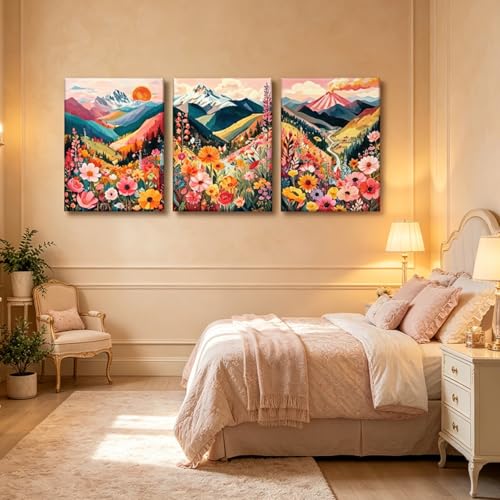 Image of Frimeeme Framed Colorful Watercolor Floral Mountain Canvas Wall Art,12x16