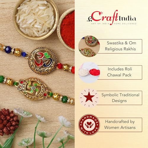 Image of eCraftIndia Set of 2 Beautiful Kundan Pearls Beads Designer Rakhis with Roli Chawal Pack