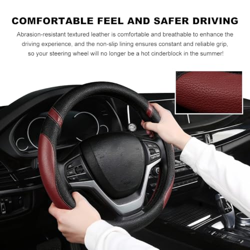 Image of Car Steering Wheel Cover, 15 Inch Premium Leather Breathable Non-Slip Wheels Wrap, Universal Auto Comfortable Steering Wheel Protector for SUV Truck Van, Car Accessories (Wine Red)