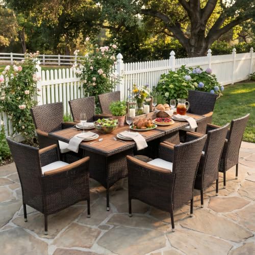 Image of Wisteria Lane 10-Pieces Outdoor Patio Table and Chairs, Rattan Patio Table Set with Acacia Wood Tabletop, Patio Dining Furniture Set for 8 with Removable Cushions for Deck Garden Backyard, Brown