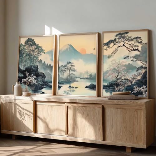 Image of kotart Japanese Nature Art View Framed Poster | Big Aesthetic Mountain View Art Wall Framed Posters for Living Room Bedroom Wall Decor Set Of 3 (13X17 inch)