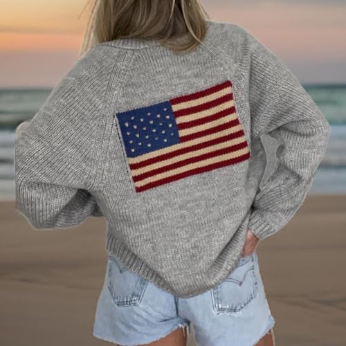 Image of Women American Flag Cardigan Sweaters Y2k Long Sleeve Open Front Button Down Cardigans USA Flag Knitwear